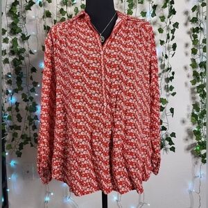 NWT Max Studio Boho Red Ditsy Floral Peasant Long Sleeve Button Down Blouse